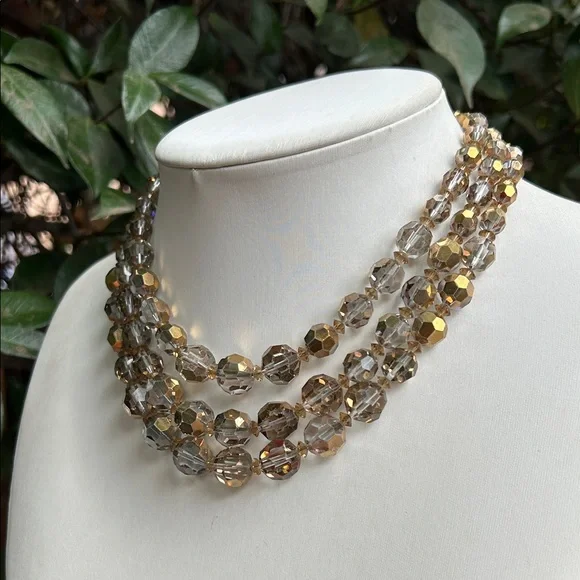 Mid-20th Century Smoky Gold Beaded Faceted Glass Three Strands Choker Necklace - Picture 4 of 5